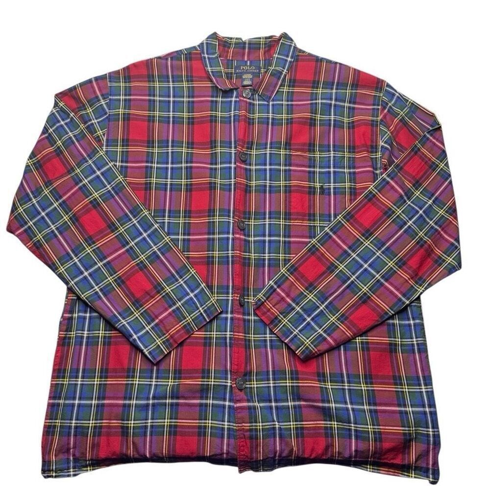 Polo Ralph Lauren Sleepwear Long Sleeve Plaid Sleep Shirt Mens L Red Blue Casual